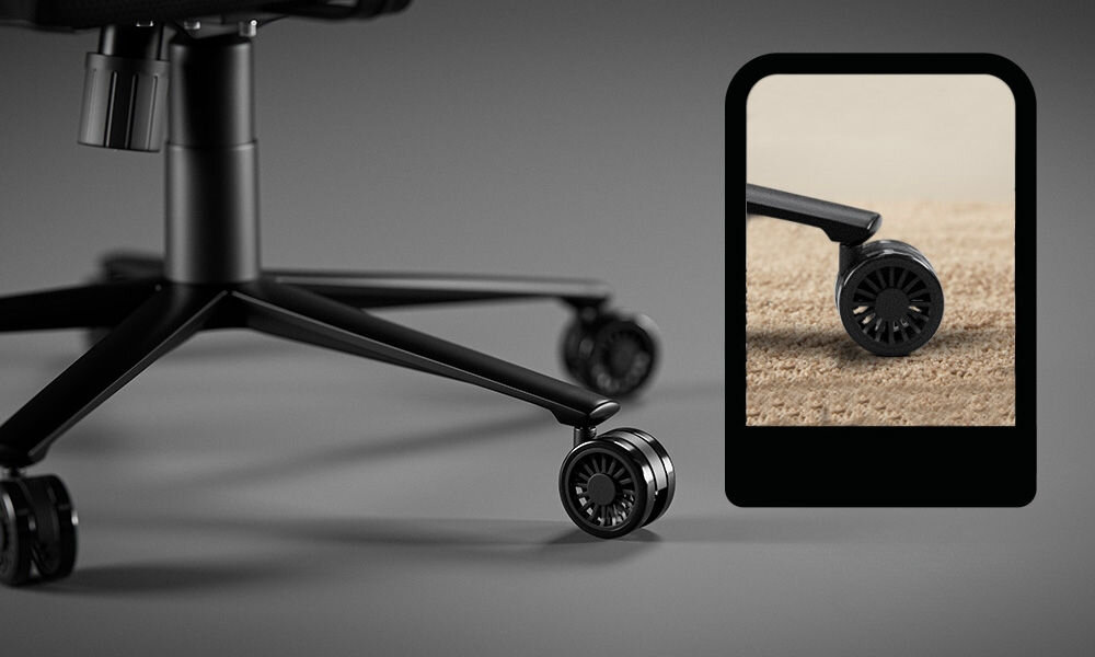 Fotel DIABLO CHAIRS X-One 2.0 Prime Czarny zblżenie na siłownik i kółka na szarym tle metalowa konstrukcja udźwig do 140 kg kółka PFC™ 360 ciche zwrotne nie zostawiają śladów na podłodze kauczukowa powłoka