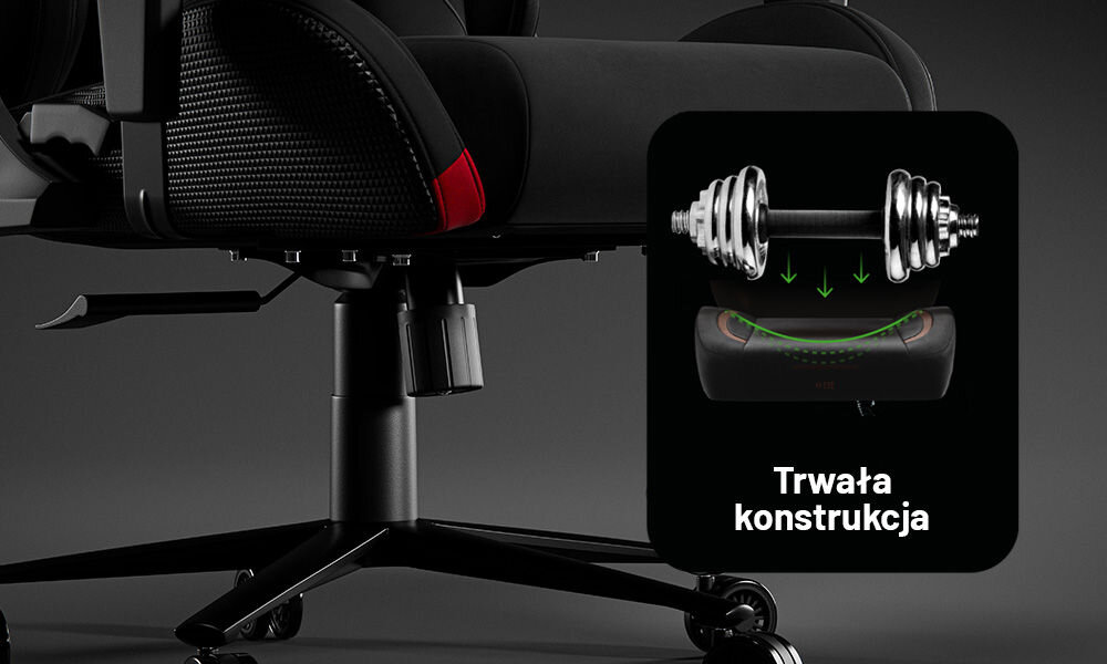 Fotel DIABLO CHAIRS X-One 2.0 Prime Czarny zblżenie na siłownik i kółka na szarym tle metalowa podstawa siłownik czwartej klasy wytrzymałość technologia Air Damper™ tłumienie drgań miękki ruch komfort