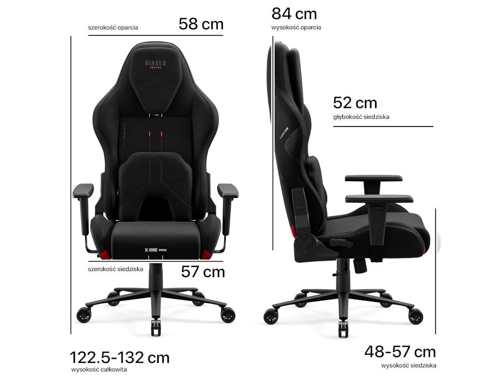 Fotel DIABLO CHAIRS X-One 2.0 Prime Czarny prezentacja fotela od przodu i od boku na białym tle wymiary oparcie 58 cm szerokości 84 cm wysokości wspiera plecy siedzisko 57 cm szerokości 52 cm głębokości regulacja wysokości siedziska 48-57 cm całkowita wysokość fotela 122,5-132 cm dopasowanie do różnych sylwetek