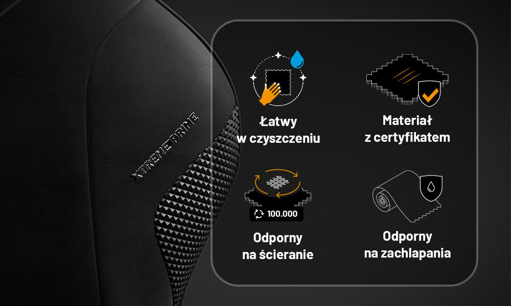 Fotel DIABLO CHAIRS X-One 2.0 Prime Czarny prezentacja zalet tkaniny na tle fotela materiał GentlePro™ odporność miękkość dobra wentylacja