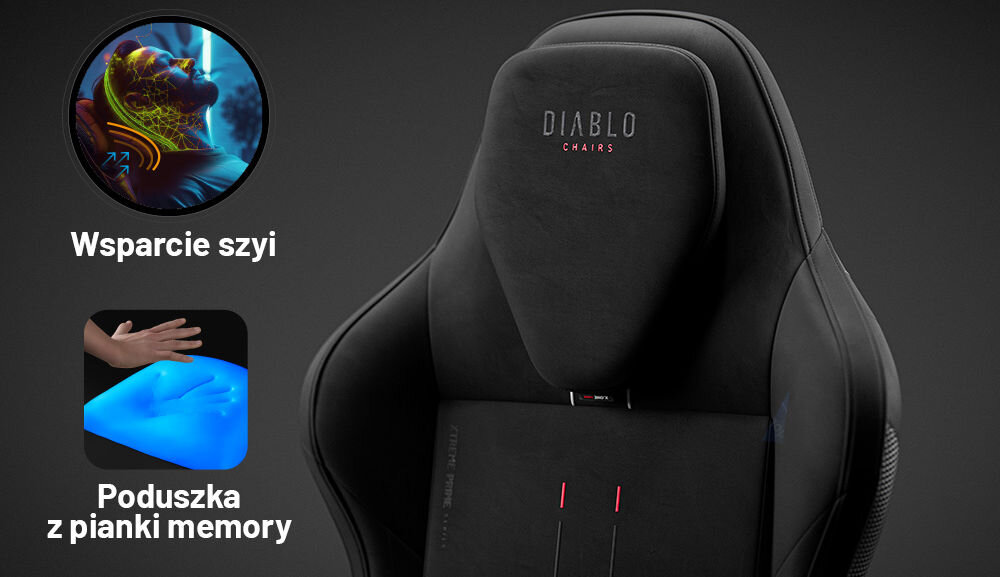 Fotel DIABLO CHAIRS X-One 2.0 Prime Czarny prezentacja magnetycznego zagłówka tekst wsparcie szyi poduszka z pianki memory komfort szyi głowy