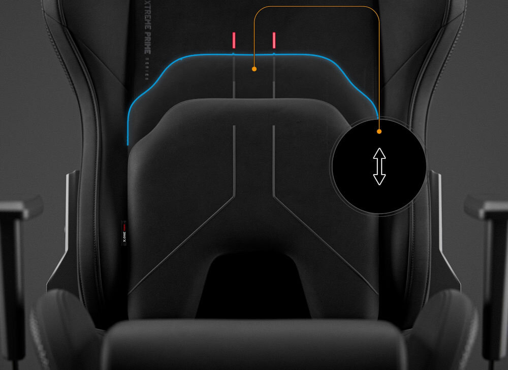 Fotel DIABLO CHAIRS X-One 2.0 Prime Czarny zbliżenie na poduszkę lędźwiową wsparcie dolnego odcinka kręgosłupa elastyczna konstrukcja regulacja sprzyja utrzymaniu właściwej pozycji