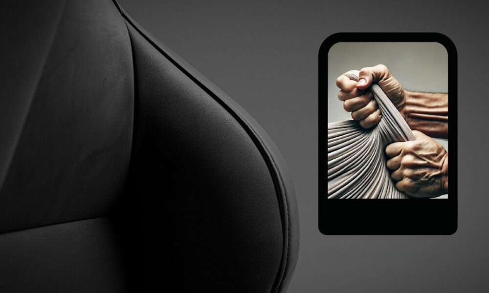 Fotel DIABLO CHAIRS X-One 2.0 Prime Czarny zbliżenie na oparcie fotela szare tło wypełnienie ze sprężystej pianki HR dostosowanie profilu lędźwiowego wygoda