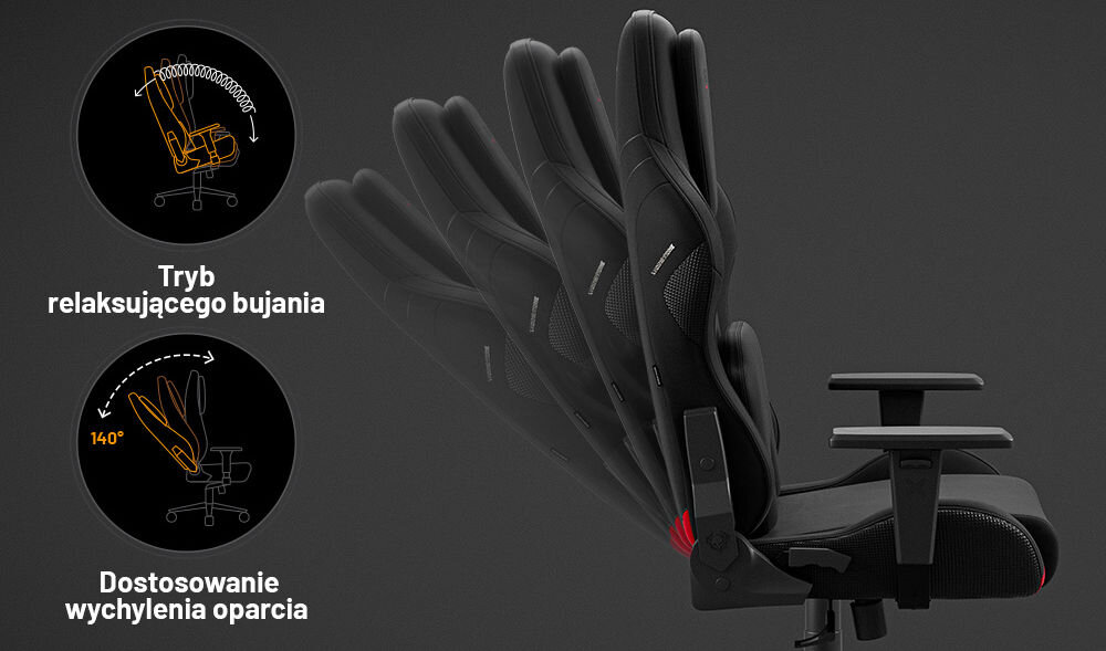 Fotel DIABLO CHAIRS X-One 2.0 Prime Czarny prezentacja możliwej regulacji fotela na szarym tle Tilttech™ Lift dopasowanie wysokości siedziska mechanizm bujania Tilttech™ Gear pochylenie od 90 stopni do 140 stopni komfort