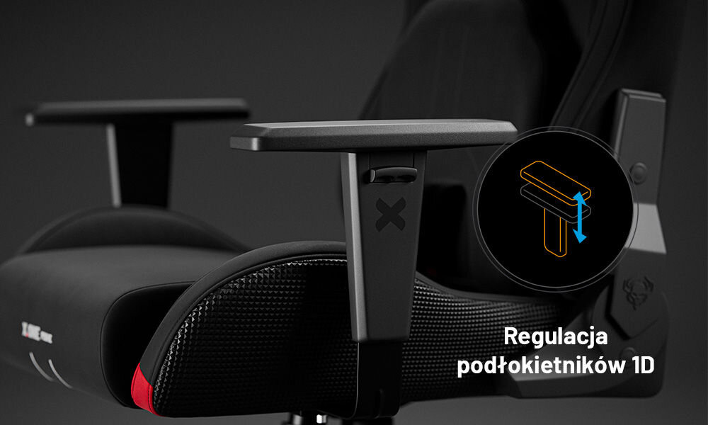 Fotel DIABLO CHAIRS X-One 2.0 Prime Czarny prezentacja podłokietników i ich możliwej regulacji Armtech™ Vertical SoftTouch regulacja wysokości miękkie wykończenie odciążenie łokci