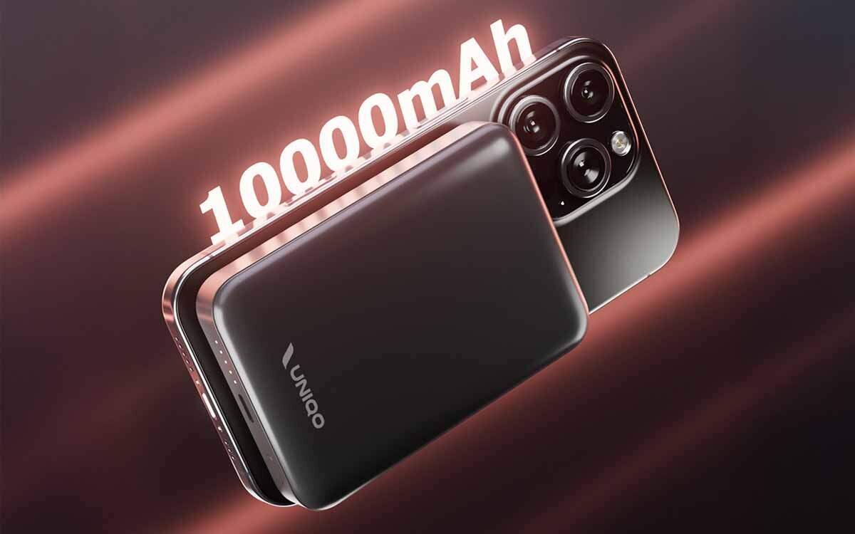 UNIQO UQBB10000MAGPD20 baterii 10 000 mAh powerbank na ciemnym tlez neonowym napisem 10 000 mAh