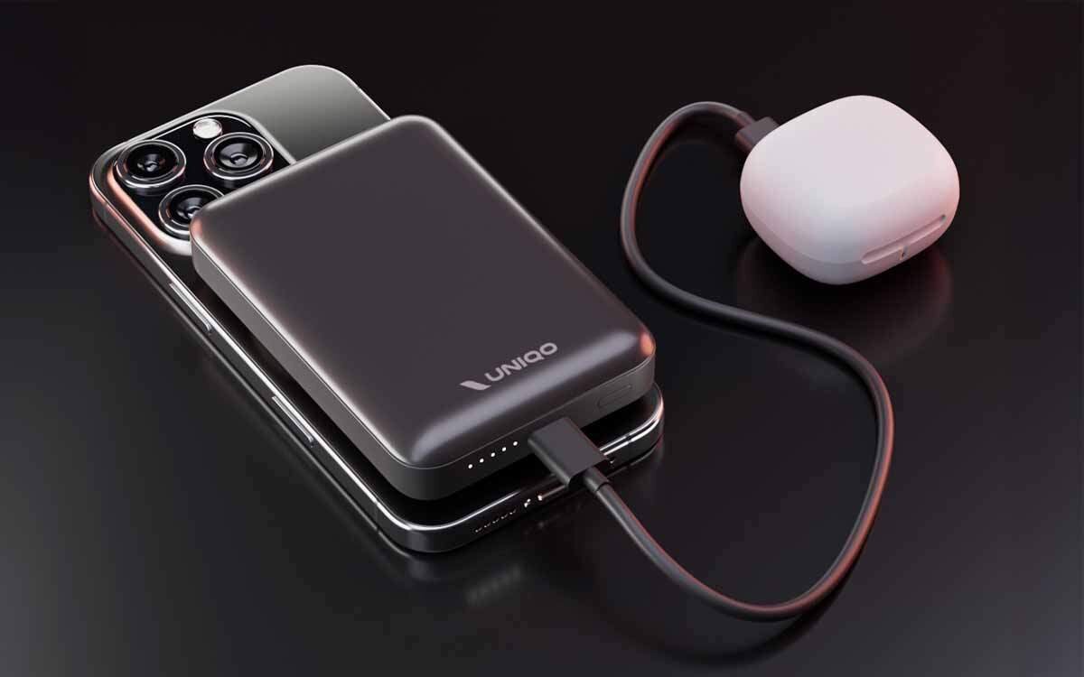 UNIQO UQBB10000MAGPD20 Port USB-C o mocy 20 W Power Delivery ładowanie przewodowe telefony, słuchawki i tablety dołączonego kabla - powerbank przyczepiony do telefonu, jednocześnie ładujący słuchawki