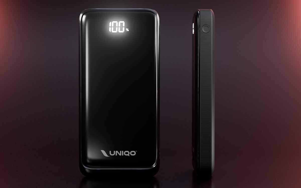 UNIQO UQBB10000PD20LCD - powerbank od przodu i boku na ciemnym tle