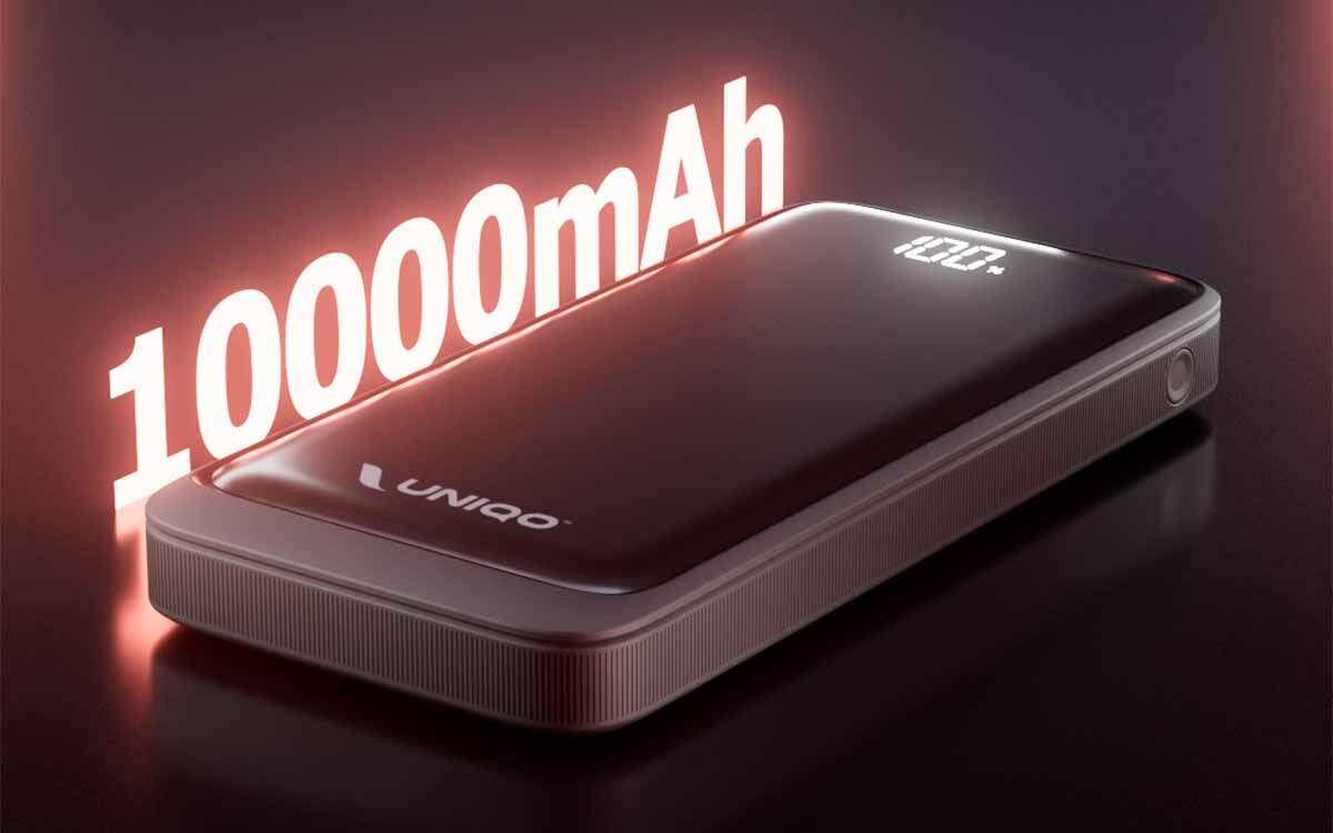 UNIQO UQBB10000PD20LCD baterię 10 000 mAh USB-C Power Delivery 20 W USB-A AFC do 22.5 W wyświetlacz LCD 140 × 68 × 26 mm - powerbank na ciemnym tle z neonowym napisem 10000 mAh