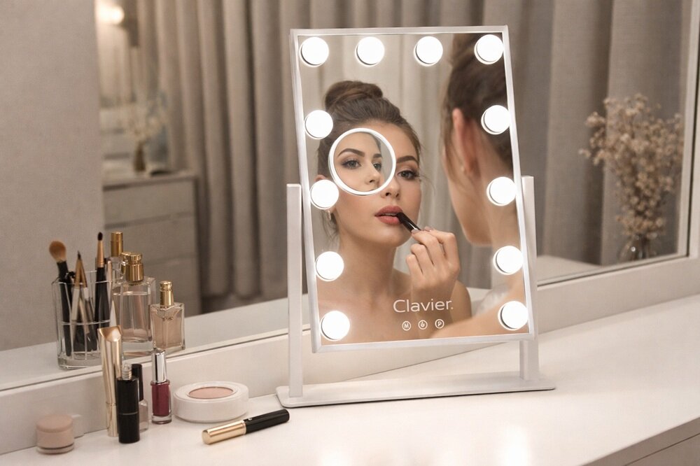 Lusterko kosmetyczne CLAVIER Hollywood LED 12 żaróek LED, ergonomiczne ustawienie, makijaż, stylizacja brwi, pielegnacja