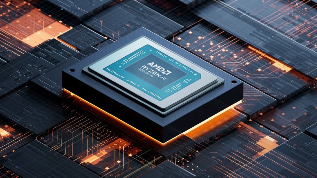 Układ AMD Ryzen prezentowany na futurystycznej grafice symbolizuje wydajność laptopów Acer Aspire w zastosowaniach biurowych. - AMD Ryzen AI, karta graficzna AMD Radeon 