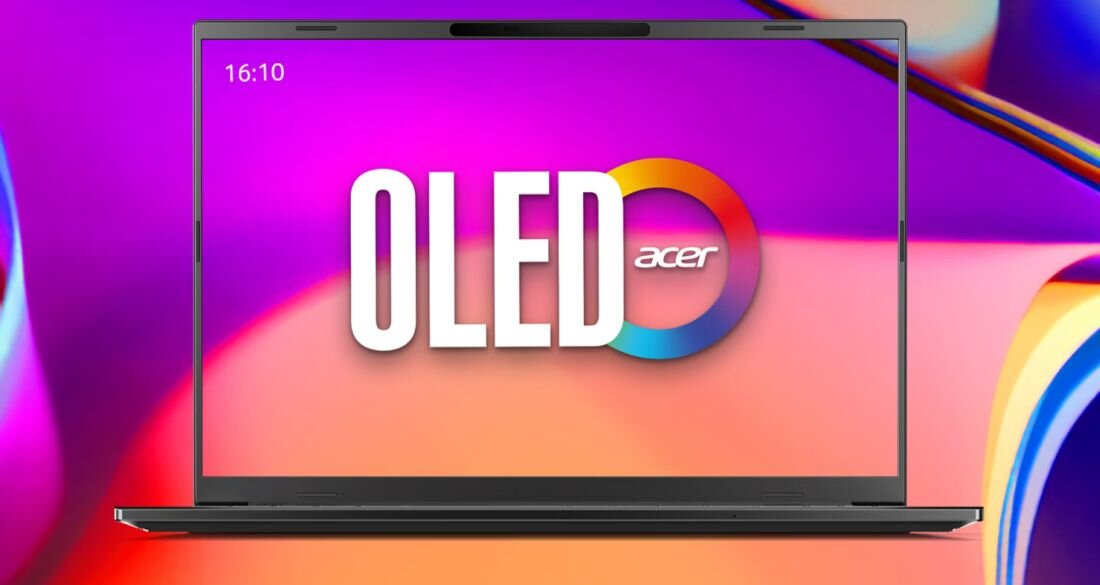 Laptop Acer Aspire z ekranem OLED wyświetla kolorową grafikę na jasnym, gradientowym tle. - Ekran IPS 16 cali (1920 x 1200 px) 