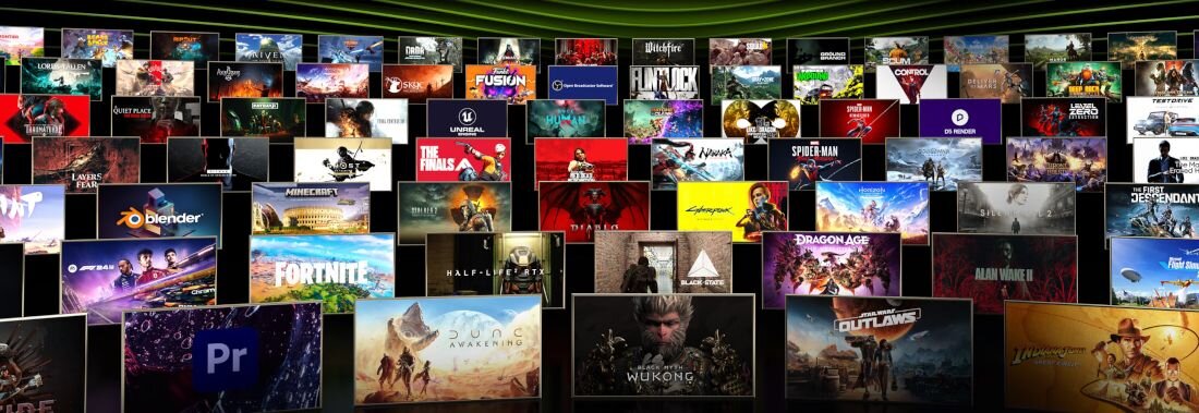 Obraz przedstawia wiele okładek gier i programów ułożonych w rzędach, w tym m.in. \'Fortnite\', \'Blender\', \'Dragon Age\', \'Wukong\'. Tło jest ciemne, a okładki są kolorowe i różnorodne.