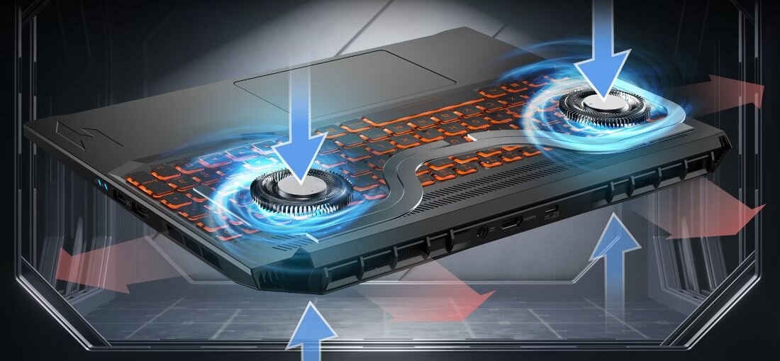 Obraz przedstawia laptop z podświetlaną na pomarańczowo klawiaturą, z widocznymi strzałkami wskazującymi przepływ powietrza przez system chłodzenia. Laptop znajduje się w futurystycznym otoczeniu z efektem świetlnym wokół wentylatorów.