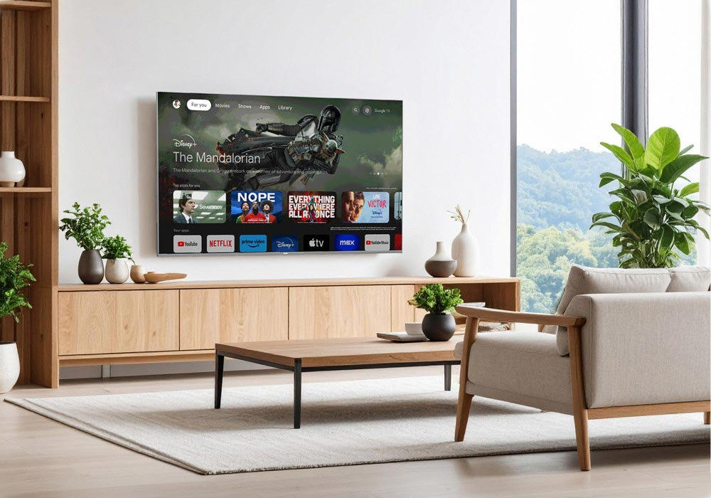 HAIER H55M90EUX algorytmom sztucznej inteligencji Google TV zaproponować filmy i seriale 10 000 aplikacji w Google Play Store - telewizor wiszący na ścianie