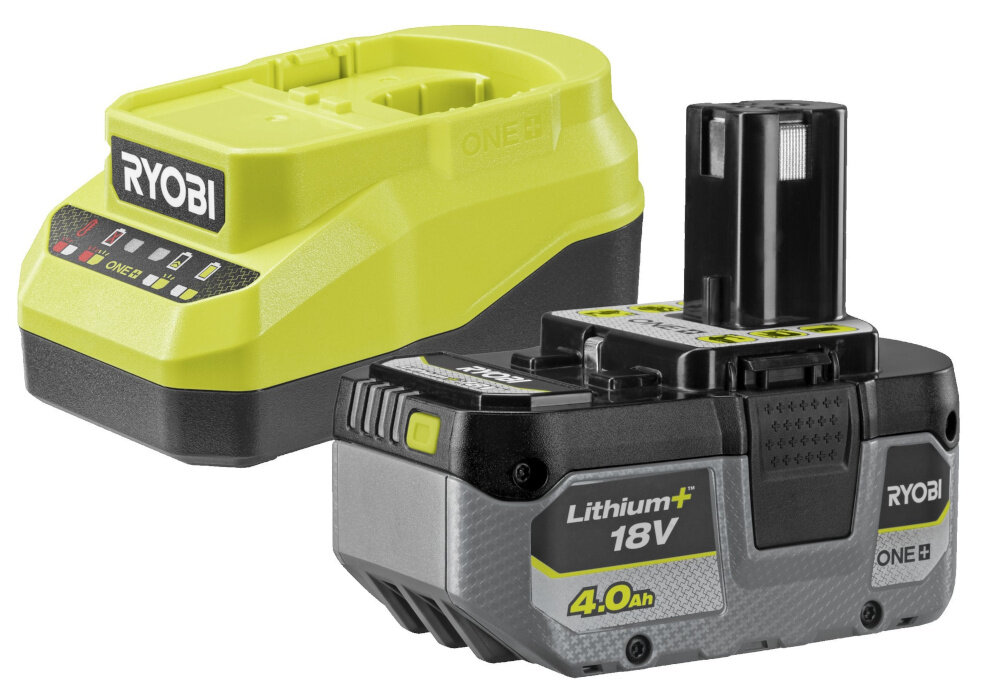 Akumulator RYOBI RC18120A-140X 4Ah 18V + ładowarka akumulator z ładowarką na białym tle zestaw dla użytkowników systemu RYOBI ONE+ technologia litowo-jonowa brak efektu pamięci stabilne napięcie ładowarka umożliwia szybkie i bezpieczne uzupełnianie energii jeden akumulator i jedna ładowarka