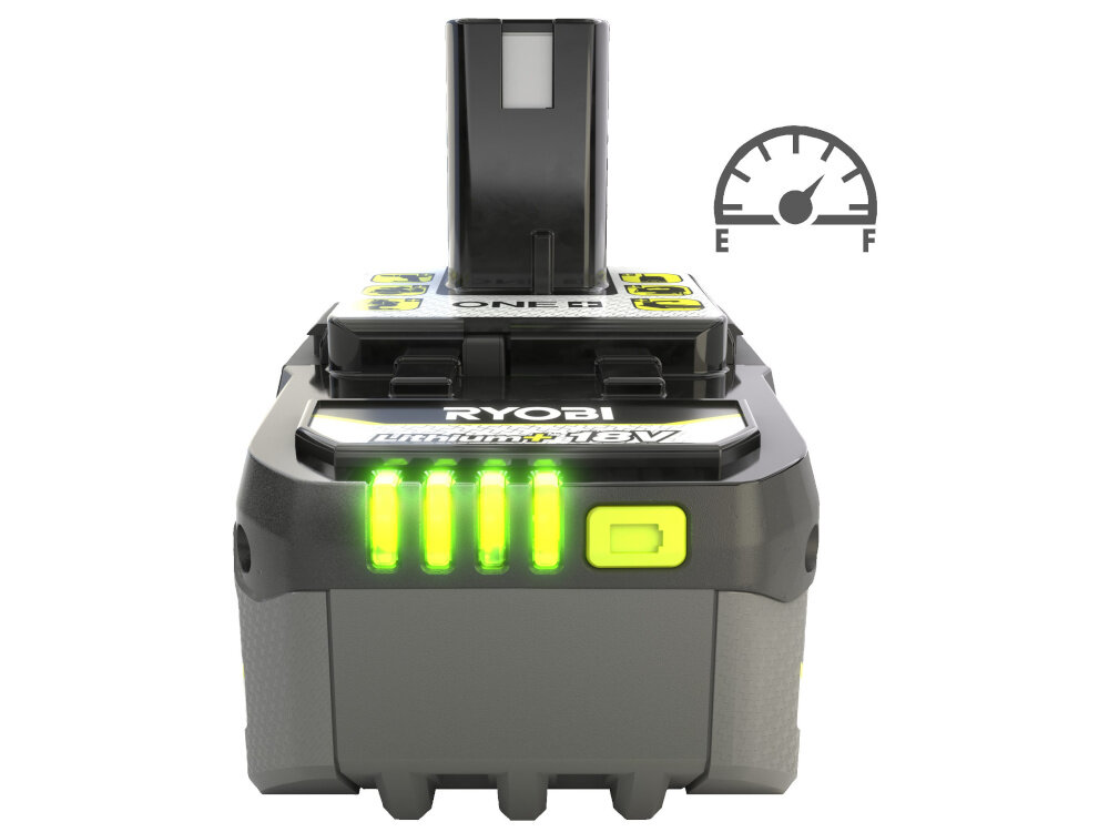 Akumulator RYOBI RC18120A-140X 4Ah 18V + ładowarka akumulator na białym tle widok na wskaźniki naładowania ikona pokazująca system ładowania 4-stopniowy wskaźnik naładowania (100%, 75%, 50% i 25%) pozwala lepiej zaplanować pracę stabilne zasilanie do narzędzi RYOBI