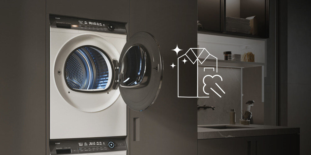 SUSZARKA HAIER HD90-A3979NU1-S funkcja i-Refresh Pro odświeżanie delikatne tkaniny bez środków piorących Mikropara mniej zagnieceń