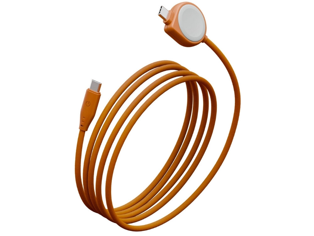 Pomarańczowy kabel USB-C do USB-C z okrągłą końcówką MagSafe. Kabel jest zwinięty w kilka zwojów.