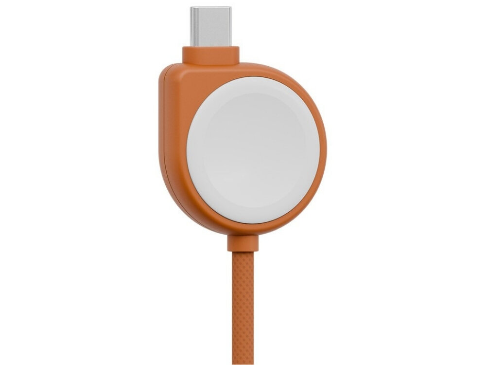 Pomarańczowy kabel USB-C z okrągłą, białą końcówką MagSafe. Kabel ma plecioną strukturę.