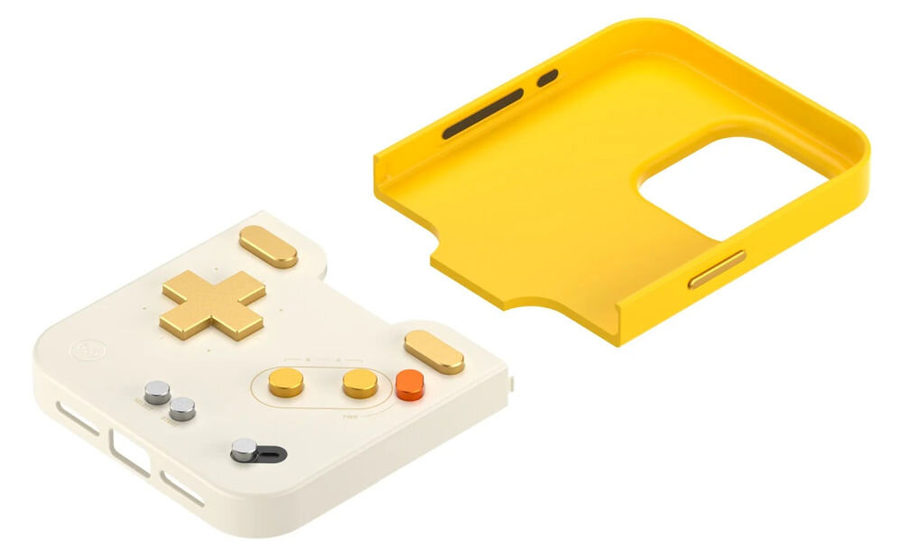 GameBaby fizyczne przyciski kontrolera Zbliżenie na fizyczny panel kontrolny GameBaby nałożony na ekran iPhone'a. Beżowa obudowa z przyciskami w kolorze złotym i miedzianym, idealnie pokrywająca dolną część wyświetlacza z emulatorem gier.