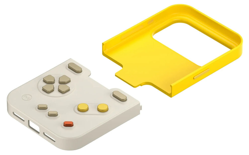 GameBaby retro gry na iPhone Dwuczęściowa konstrukcja etui GameBaby: żółta ramka ochronna na górną część telefonu oraz biały moduł z przyciskami do gier.