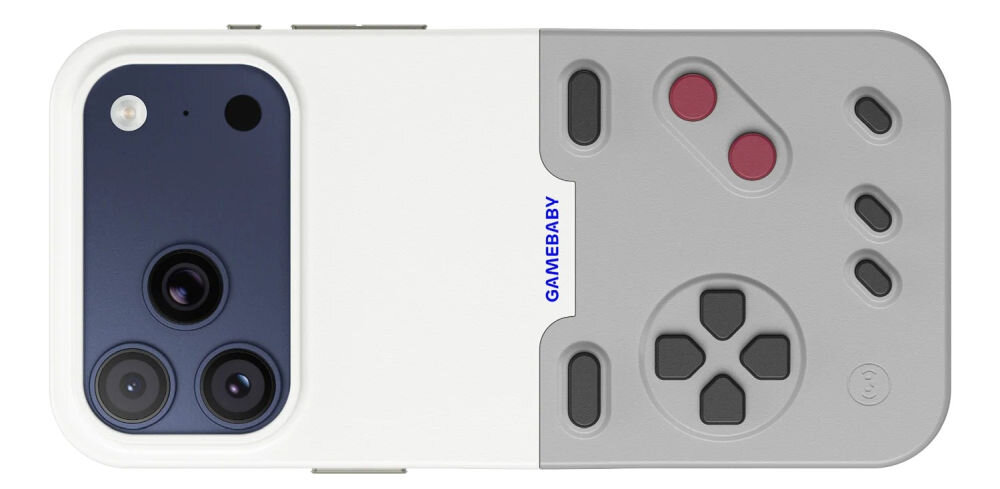GameBaby fizyczne przyciski kontrolera Widok z góry na etui GameBaby założone na iPhone'a. Biała obudowa płynnie łączy się z szarym kontrolerem wyposażonym w d-pad, dwa czerwone przyciski akcji oraz przyciski funkcyjne, tworząc wygląd hybrydowej konsoli retro.