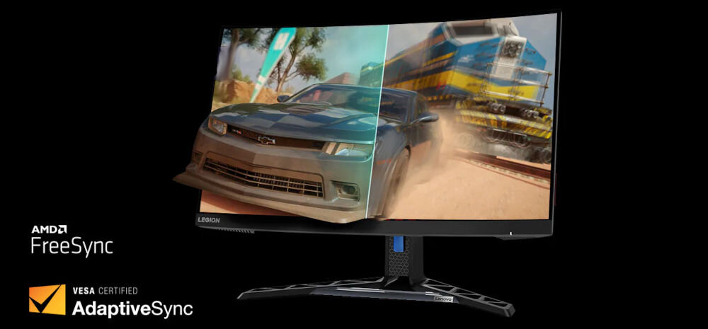 Monitor LENOVO Legion 27Q-10 27 cali 2560x1440px IPS 240Hz 0.5 [MPRT] porównanie na monitorze z technologią FreeSync i bez czarne tło AMD FreeSync Premium NVIDIA® G-SYNC® VESA Adaptive Sync eliminacja efektu rozrywania bez zakłóceń