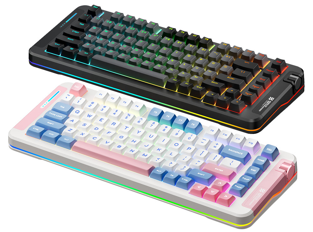 MCHOSE X75 podświetlenie RGB pełnym zakresem kolorów podświetlany pasek LED metalowe pokrętło magnetyczny schowek odbiornik USB-A Nakładki z podwójnego odlewu PBT - klawiatura w dwoch wersjach kolorystycznych