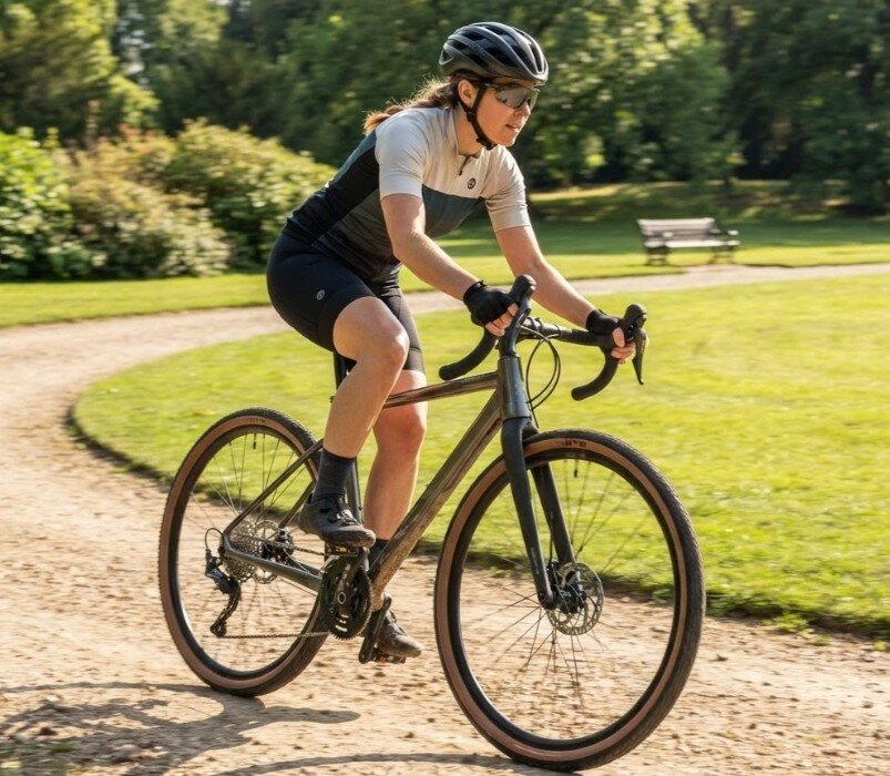 Osoba jedzie na rowerze gravelowym po żwirowej ścieżce w parku. Rower ma grafitowy połysk i jest wyposażony w kierownicę typu baranek.