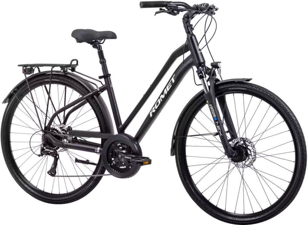 Rower trekkingowy ROMET Gazela 3.0 D19 28 cali Czarny rower na białym tle widoczny od przodu pod skosem dla kobiet jazda po asfalcie, jak i po nieutwardzonych drogach trekkingowa geometria jazda w niemęczącej, naturalnej – wyprostowanej pozycji