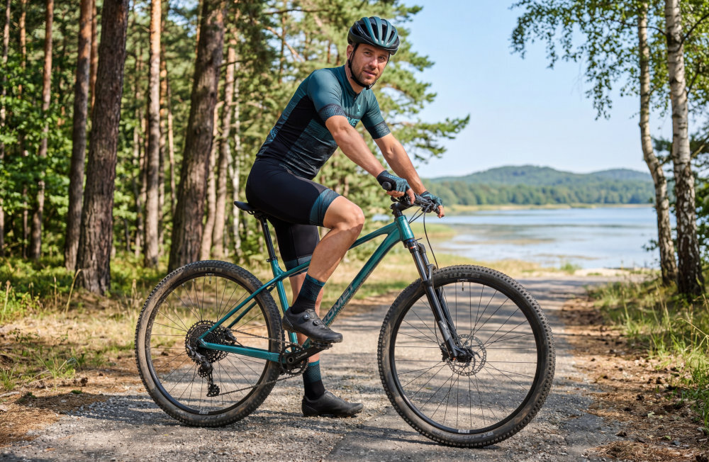 Rower górski MTB ROMET Mustang 4.1 U17 29 cali Zielony droga osoba siedzi na rowerze opiera jedną stopę o pedał a drugą o ziemię trzyma dłonie na kierownicy w tle woda las drzewa niebo jazda na rowerze pasja hobby
