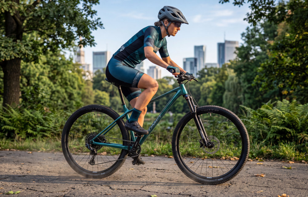 Rower górski MTB ROMET Mustang 4.1 U18 29 cali Zielony droga za miastem osoba w stroju sportowy jedzie pod górkę na widok z boku w tle panorama miasta drzewa stalowy łańcuch marki ROMET odpowiednia konstrukcja ogniw wspiera płynną współpracę z kasetą i zębatkami bardziej równomierne przenoszenie mocy mniejsze zużycie pozostałych elementów napędu