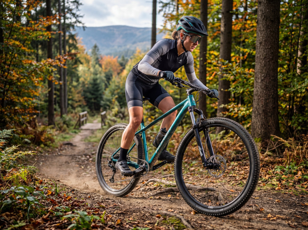 Rower górski MTB ROMET Mustang 4.1 U20 29 cali Zielony droga las góry osoba w stroju sportowy jedzie pod górkę na szlaku górskim widok lekko pod skosem w tle drzewa szczyty gór siodełko SELLE ROYAL typu SRX ergonomiczna konstrukcja dopasowuje się do pozycji użytkownika sztyca siodełka marki RMT Components o średnicy 30,9 mm i długości 350 mm stabilne podparcie możliwość precyzyjnego dopasowania wysokości siedziska