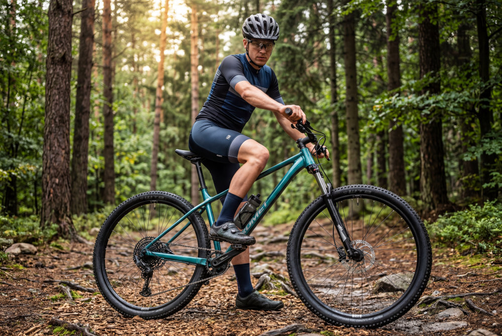 Rower górski MTB ROMET Mustang 4.1 U20 29 cali Zielony las droga osoba wsiada na rower w tle drzewa ścieżka 20-calowa, aluminiowa rama rower jest bardzo zwinny lekki (waga 14,03 kg) łatwo podnieść go odporność na korozję wybór rozmiaru ramy wzrost mierzony w zrelaksowanej pozycji typ roweru dla osób o wzroście od 178 do 184 cm