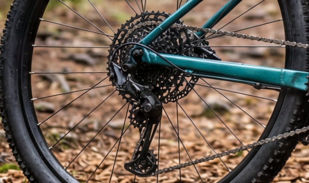 Rower górski MTB ROMET Mustang 4.1 U20 29 cali Zielony rozmazane brązowe tło zbliżenie na tylną przerzutkę widok z boku osoba opiera jedną stopę o pedał przerzutki marki SHIMANO 11 przełożeń duża wytrzymałość i sprawne działanie zmiana biegów jest płynna i bezproblemowa tylne przerzutki SHIMANO CUES typu RD-U6000-11 trwałość stabilność precyzja