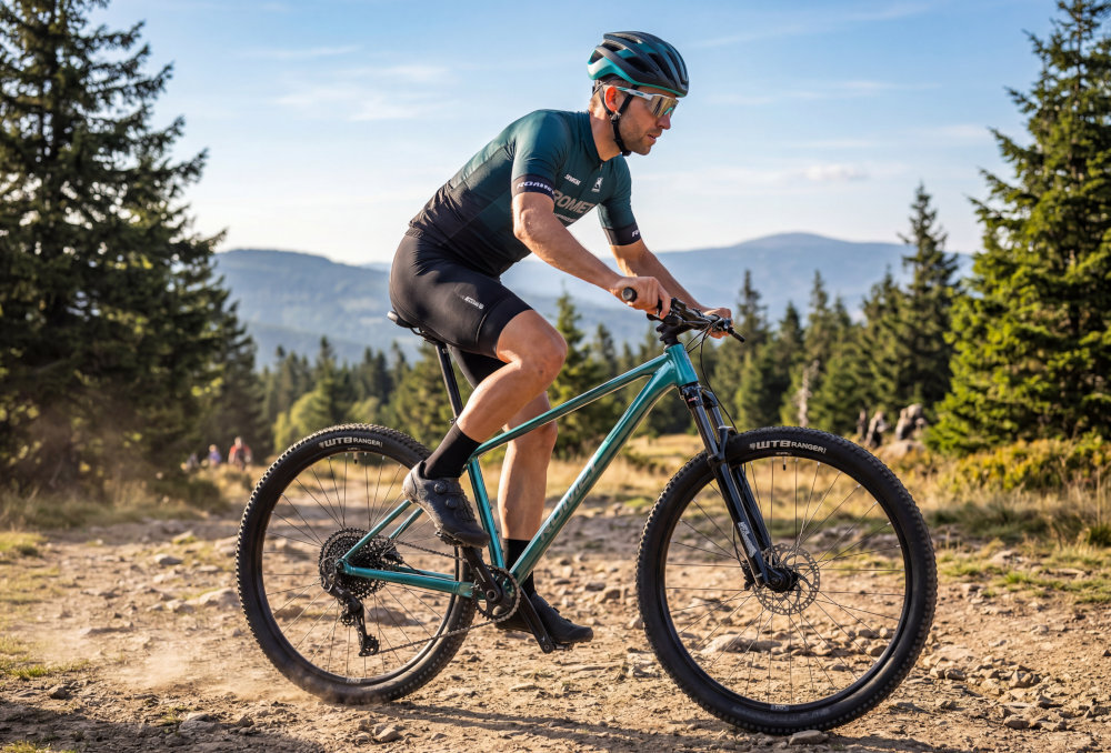 Rower górski MTB ROMET Mustang 4.1 U20 29 cali Zielony droga piach osoba w stroju sportowym jedzie na rowerze w tle góry drzewa ścieżka las precyzyjny napęd oparty na komponentach SHIMANO 11-rzędowa kaseta SHIMANO typu CUES CS-LG400 o szerokim zakresie 11-50T uniwersalność korba SHIMANO typu FC-U6000-1 32T, 170 mm mm efektywne przenoszenie mocy płynna i dynamiczna jazda