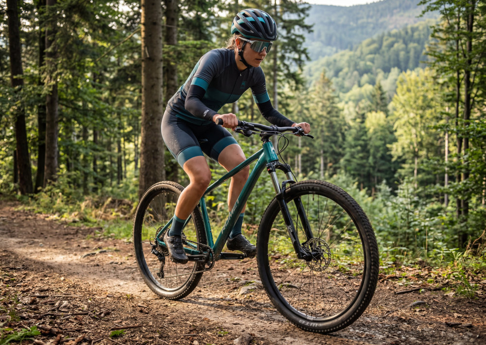 Rower górski MTB ROMET Mustang 4.1 U20 29 cali Zielony las droga osoba w stroju sportowym jedzie na rowerze pod górkę w tle drzewa reguluje amortyzator konstrukcja hardtail z amortyzowanym przednim widelcem ROMET XCR 32 Air Lor powietrzny amortyzator skutecznie tłumi nierówności ułatwia utrzymanie kontroli nad rowerem płynniejsze pokonywanie przeszkód większa przyjemność