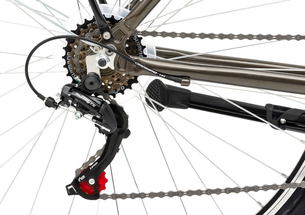 Rower trekkingowy ROMET Wagant M19 28 cali męski Grafitowy zbliżenie na tylną przerzutkę przerzutki marki SHIMANO 6 przełożeń duża wytrzymałość i sprawne działanie tylne przerzutki SHIMANO Tourney