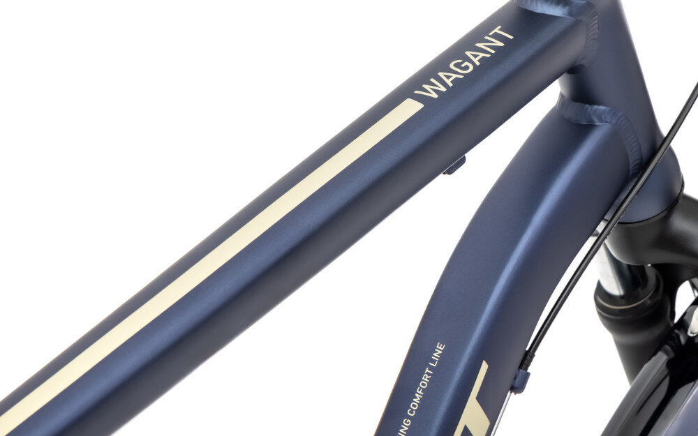 Rower trekkingowy ROMET Wagant M21 28 cali męski Granatowy zbliżenie na ramę 21-calowa aluminiowa rama rower jest bardzo zwinny lekki (waga 17 kg) łatwo podnieść go odporny na korozję wybór rozmiaru ramy Twój wzrost mierzony w zrelaksowanej pozycji typ roweru dla osób o wzroście od 180 do 190 cm