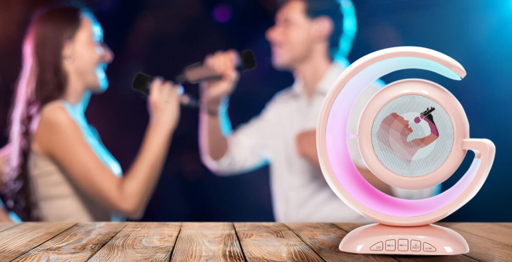Zestaw karaoke MUSICMATE RainbowDust MM-SC70-P możliwość odtwarzania muzyki przez Bluetooth USB-A microSD AUX wydajny akumulator do 5 godzin na jednym ładowaniu ładowanie przez port USB-C kabel USB-A / USB-C w zestawie