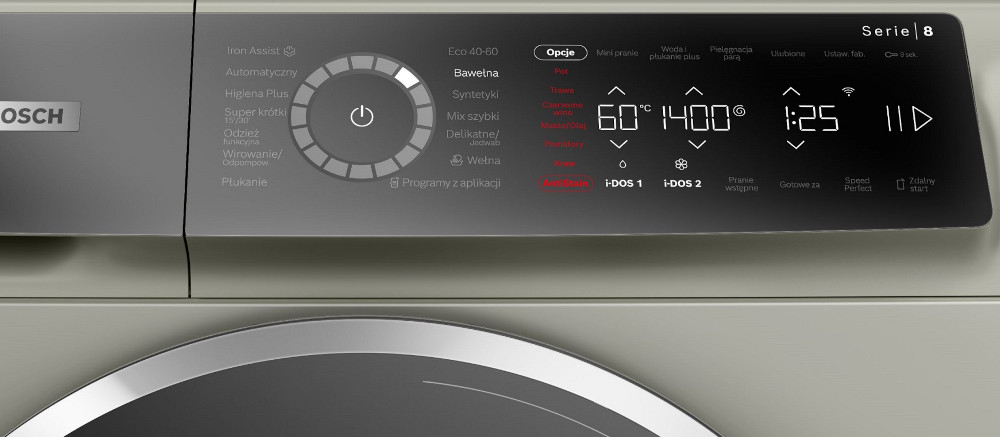 Pralka BOSCH WGB254AYPL zdjęcie lifestyle panel sterowanie programy Higiena Plus, Super krótki 15/30 min oraz Mix szybki, Syntetyki i Wełna 