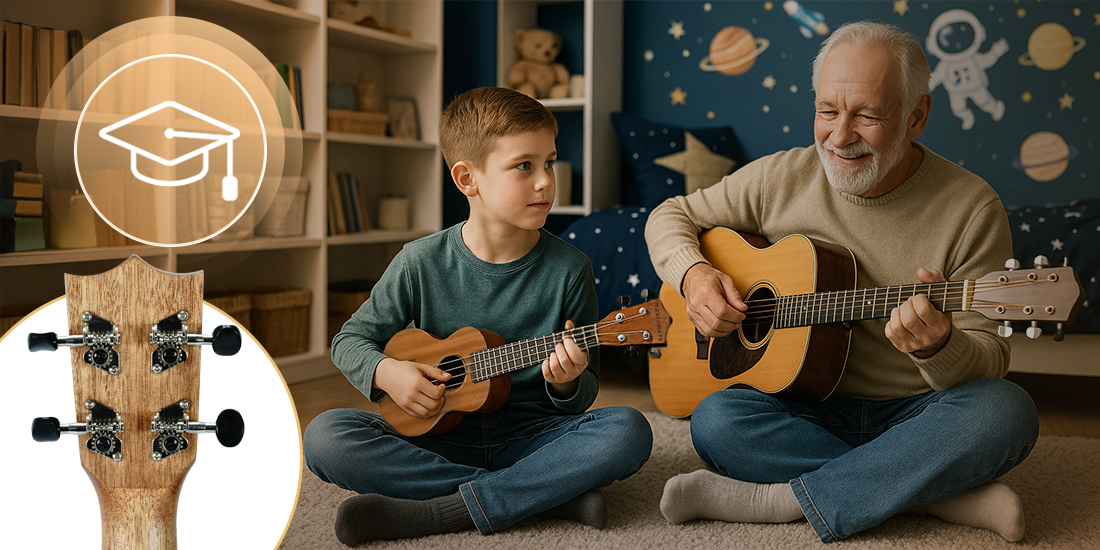 Ukulele MUSICMATE U-02 AlohaTune 23 cale mahoniowy korpus set-neck nylonowe struny wygoda gry, osoby siedzace po turecku na dywanie, dziecko trzymające ukulele w ręku, dziadek trzymający gitarę w ręku