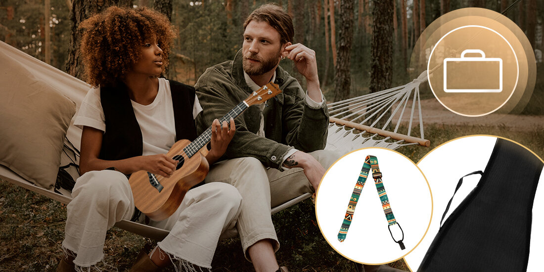 Ukulele MUSICMATE U-02 AlohaTune mahoniowy korpus gryf ciepły zrównoważony ton akustyczne granie, osoby siedzące na hamaku na łonie natury, osoba trzymająca ukulele w ręku