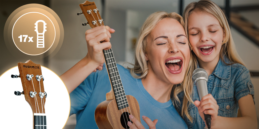 Ukulele MUSICMATE U-02 AlohaTune 17 progów Dot Inlays nylonowe struny komfort nauka gry, osba trzymająca ukulele w ręku, dziecko trzymająca mikrofon w ręku