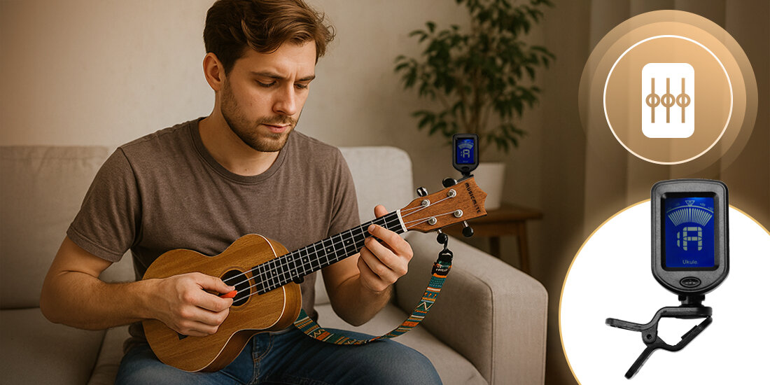 Ukulele MUSICMATE U-02 AlohaTune 23 cale concert set-neck matowe wykończenie stabilność brzmienia, osoba siedząca na kanapie trzymająca ukulele w ręku