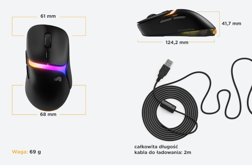 Glorious Gaming Model D3 wymiennych baterii Model D3 69 gramów oryginalnego Modelu D małych i dużych dłoni szponowego, palcowego czy dłoniowego - prezentacja wymiarów i wagi myszy