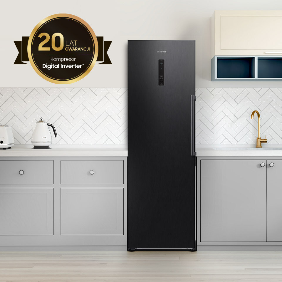 Informacja o 20 latach gwarancji na kompresor Digital Inverter została umieszczona na zdjęciu zamrażarki Samsung RZ32C7CBEB1 