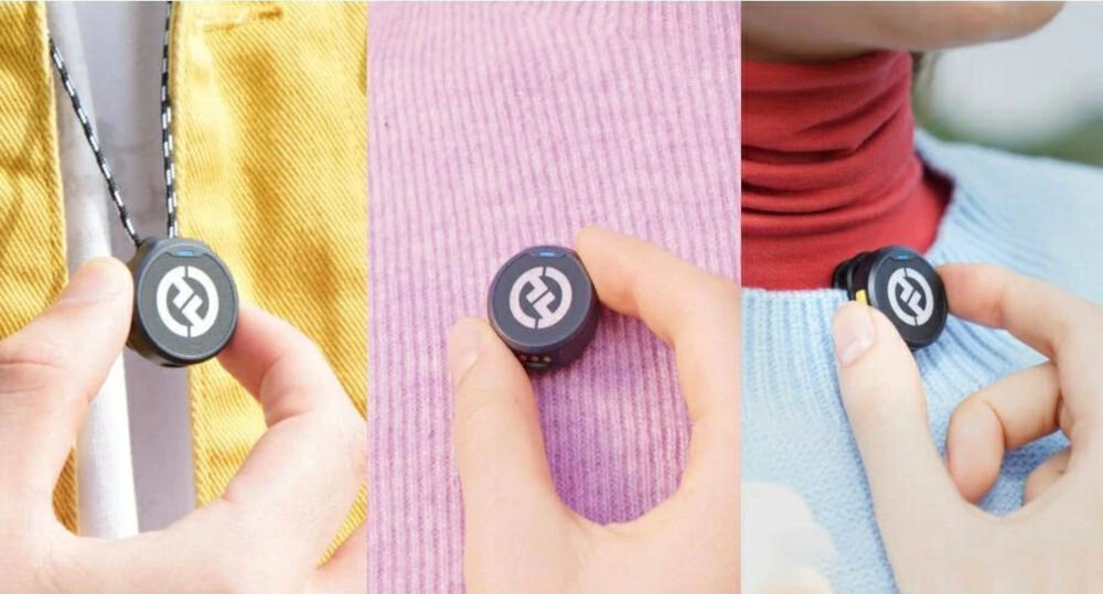 System bezprzewodowy HOLLYLAND Lark M2 Lightning Grafitowy pokazanie trzech sposobów przymocowania mikrofonu sposoby mocowania magnes klips naszyjnik swoboda dopasowania wygoda