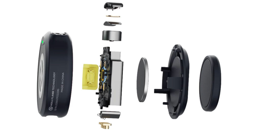 System bezprzewodowy HOLLYLAND Lark M2 Lightning Grafitowy prezentacja wnętrza mikrofonu i jego rozłożenia na części na białym tle system ENC tłumienie odgłosów otoczenia wyraźne i przejrzyste nagrania wybór trybu